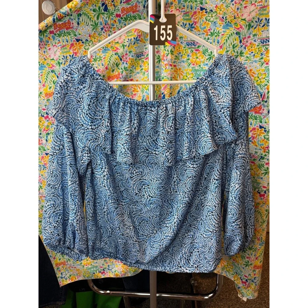 155 Michael Kors Blue‎ Paisley Off The Shoulder Ruffle Blouse Small Long Sleeves